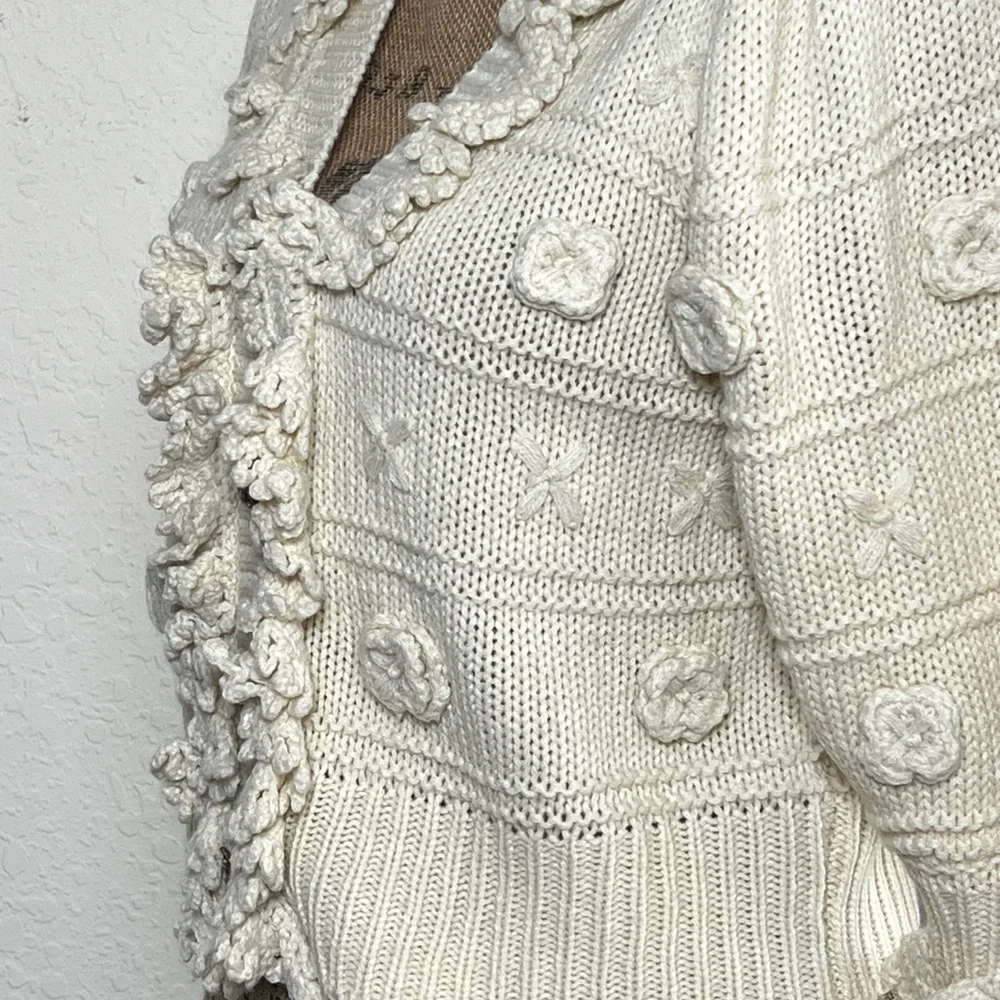 Zara Cream Textured Ruffle-Trim Button Cardigan - Picture 4 of 10